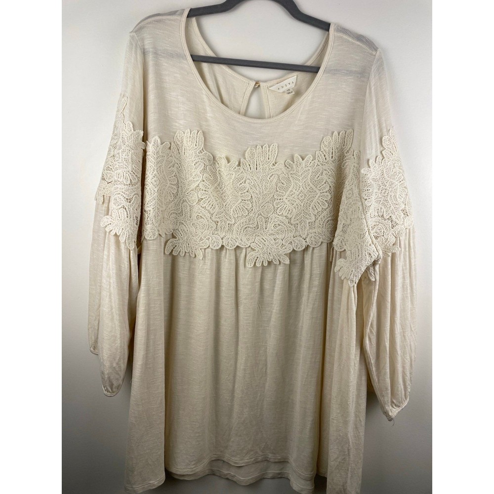 Adiva size 3x cream color 3/4 sleeve shirt with lace/crochet overlay blouse